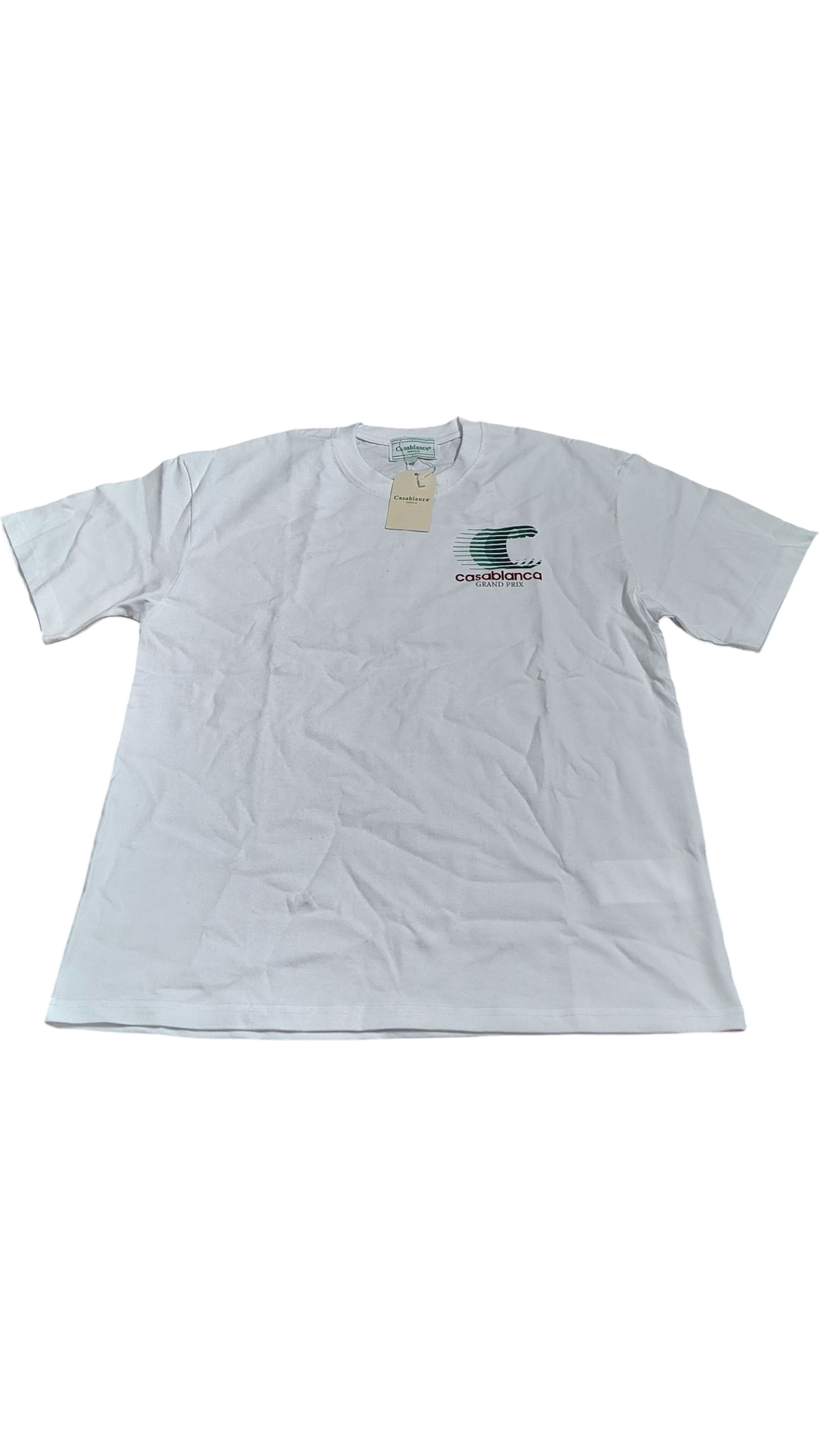 White t-shirt with a logo on a white background