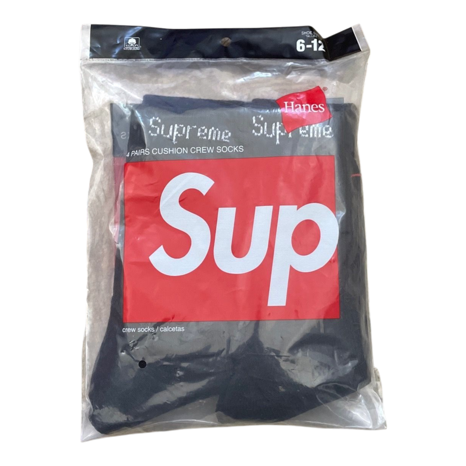 Packaged socks with Supreme and Hanes branding on a white background