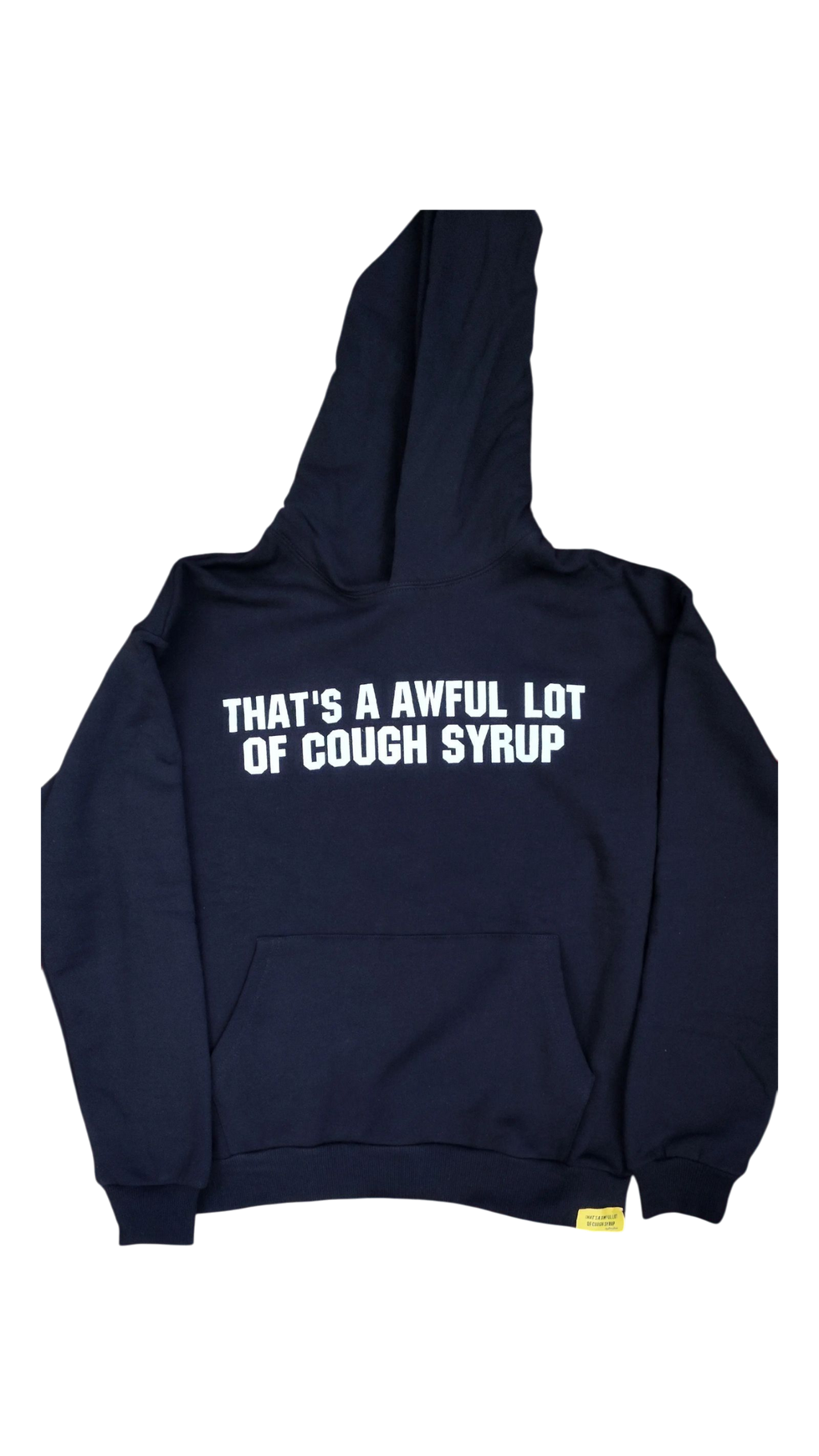 black hoodie with white text on a white background