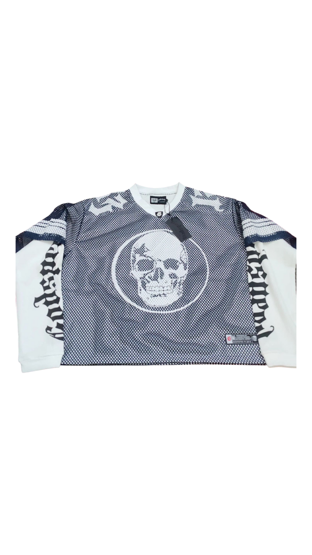 Jersey with skull design and text on a white background