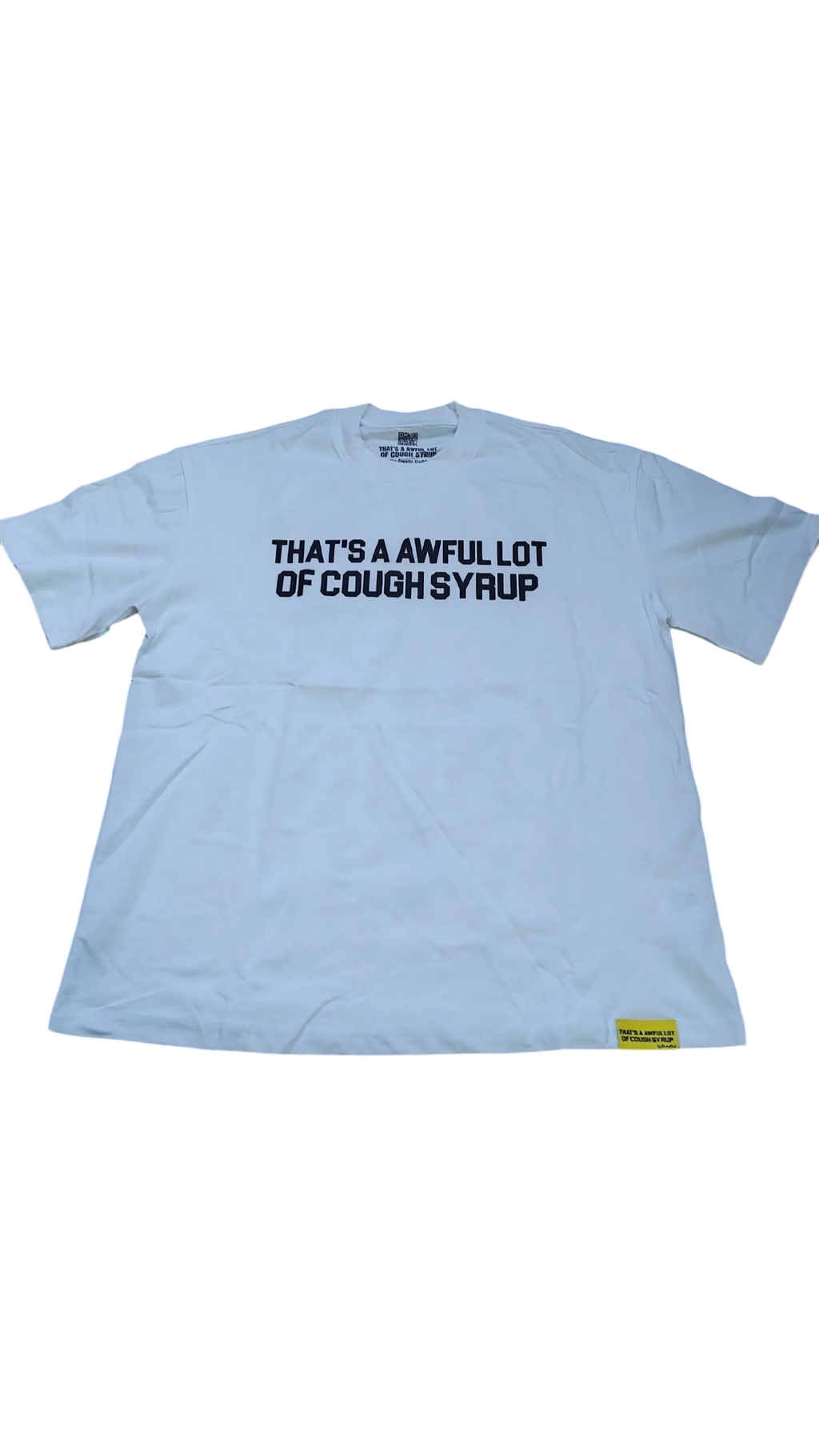 White t-shirt with black text on a white background