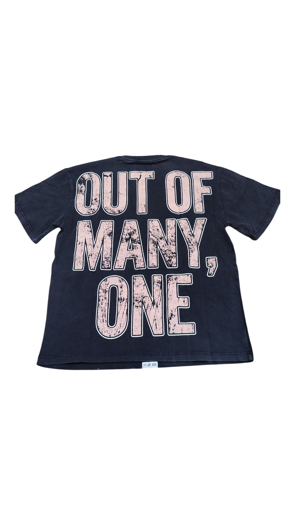 Navy blue t-shirt with 'Out of Many, One' text on a white background