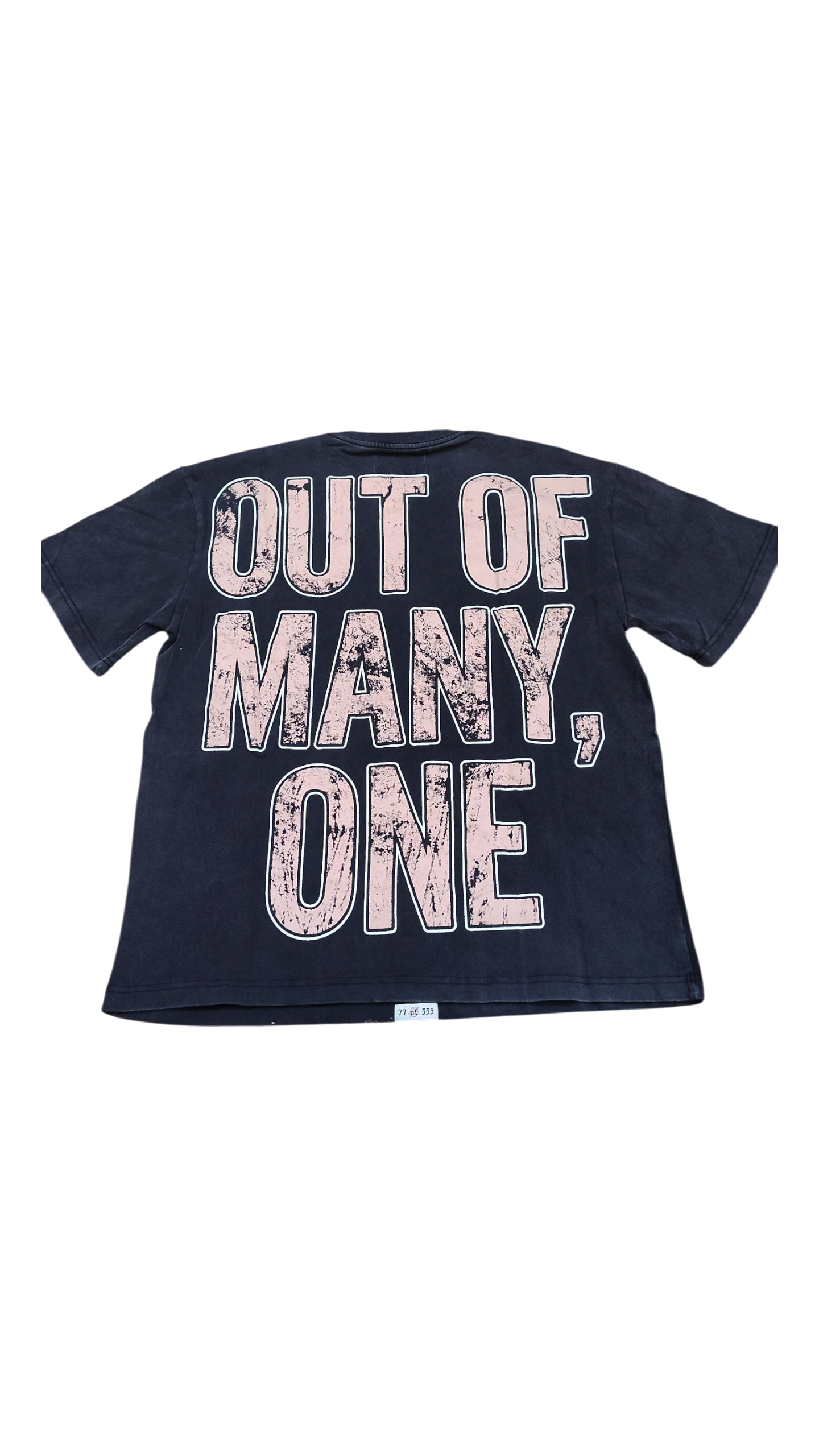 Navy blue t-shirt with 'Out of Many, One' text on a white background