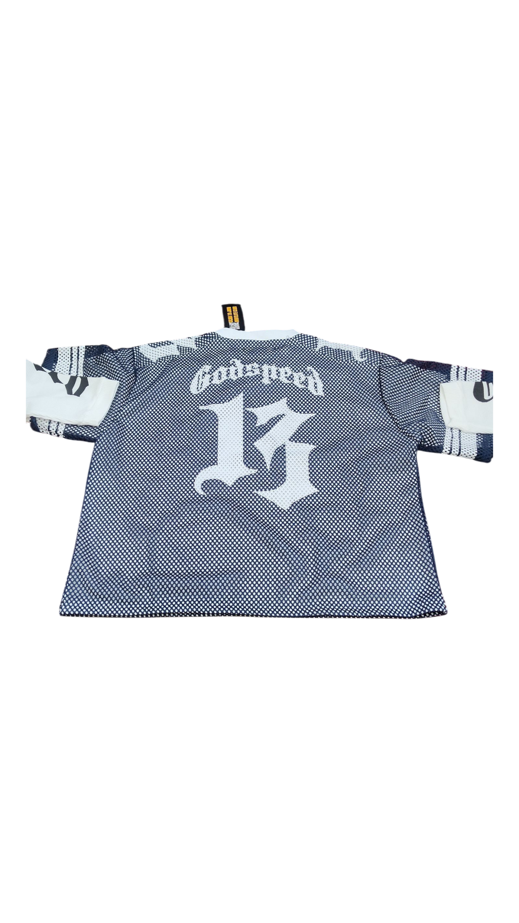 Gray and white checkered shirt with 'Godspeed' logo on a white background