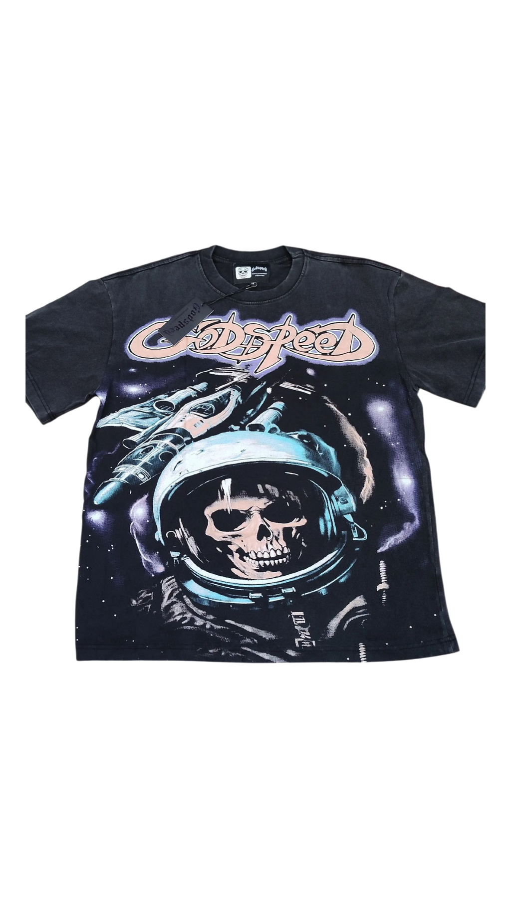 Black t-shirt with an astronaut skull design and GodSpeed logo on a white background
