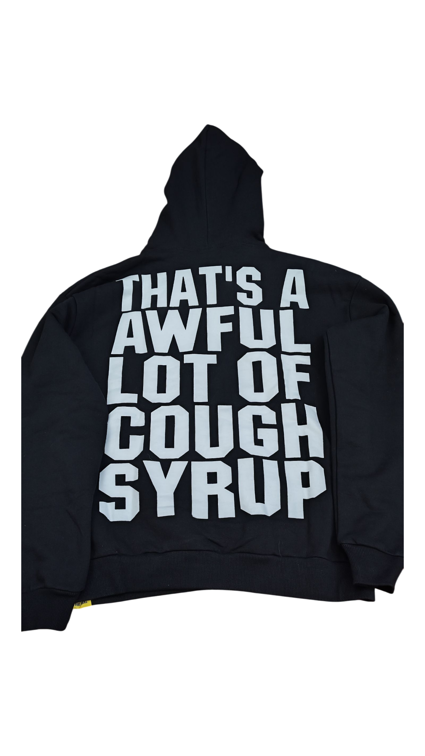 Black hoodie with white text on a white background