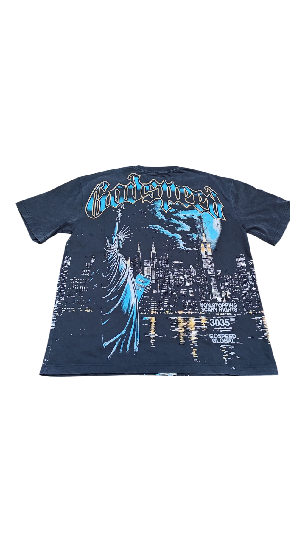 Navy blue t-shirt with graphic design and text on a white background