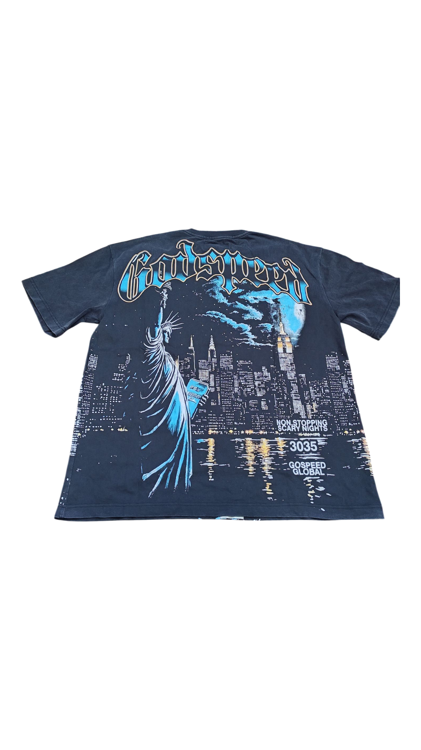 Navy blue t-shirt with graphic design and text on a white background